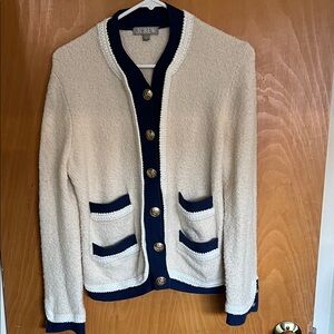 J. Crew Ivory and Navy Knit bouclé lady jacket.